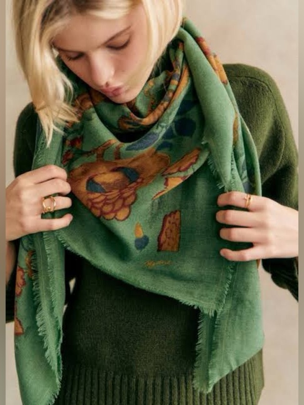 NWT Sezane Pio Wool Scarf in Sea Green Retro Flowers Green Print